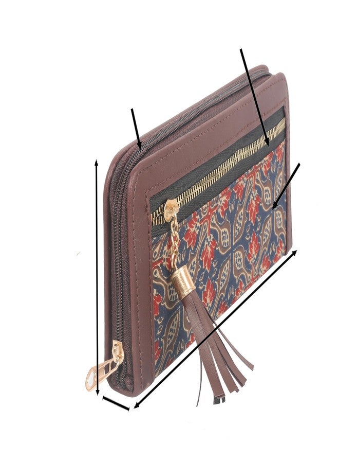 INDTRESOR Vegan Leather Clutch Wallet Women Evening Handbag Purse Cruelty Free Indian Handcrafted Arjakh Hand Block Floral Printed Blue and Maroon Color Cotton Fabric. - Image 3